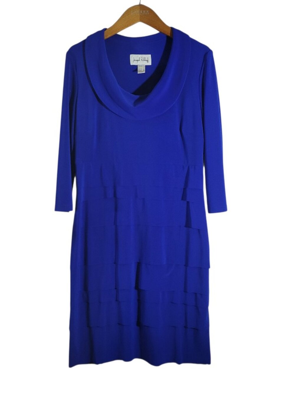 Joseph Ribkoff Cowl Neck Dress Womens 8 Blue Tiered Vintage Slinky Knit Stretch